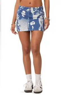 EDIKTED Face It Photo Print Blue & White Denim Mini Skirt