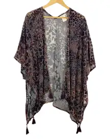 Mystree Womens One Size Boho Crushed Velvet Burnout Kimono Leopard Tassels