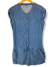 Express | Medium | Sleeveless Denim Blue Chambray Romper Button Down Tie Waist