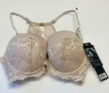 Kathy Ireland Push-Up Bra Racerback‎ Underwire Size 36D Lurex Lace Beige NEW