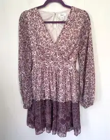 Japna Pink Purple Floral Faux Wrap Surplice Long Sleeve Short Dress ~ Size M