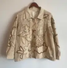 Laura Ashley Silk Cotton Blend‎ Tan Neutral Floral Embroidery Jacket Size XL