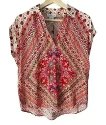 Rachel Zoe Cap Sleeve Top Womens XS Red Handkerchief Blouse Boho‎ Collared Shirt