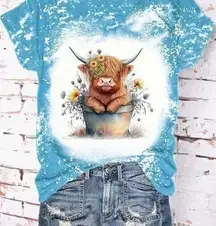 Cow & Floral Print T-shirt Short Sleeve Crew Neck Top Spring & Summer L NEW