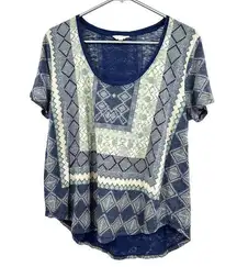 Lucky Brand size large short sleeve t-shirt tee top blue white geometric pattern