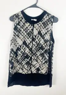 VINCE 100% Silk Basketweave Print Macadamia Black Double Layer Shell Top Medium