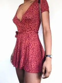 Red Leopard Cheetah Animal Print Deep V-Neck Tie-Waist Romper - S