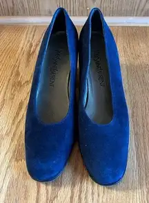 Yves Saint Laurent Sofia‎ Suede Pumps Women Blue 8N Semi-Pointed Toes Block Heel