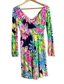 Lilly Pulitzer  Dress Small Fleur Resort Navy Travelers Palm Print Knit Colorful