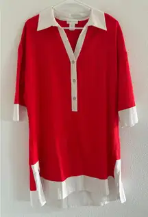 Cynthia Rowley‎ Dress Womens Medium Red White Linen Collared Nautical Coastal