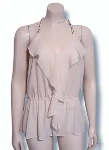 Vtg Fredericks Of Hollywood Ruffle Front Blouse-Large-Racerback-Chain Detail