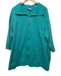 Catherines Women Zip Jacket 3X Teal Lightweight Casual Lounge Comfy Cotton Blend