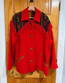 Vintage Neiman Marcus Wool Fringe Southwestern Jacket Red Navajo Coat L Western