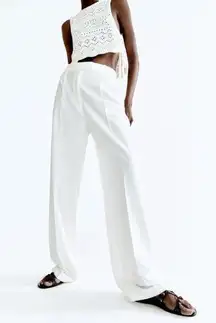 NEW ZARA Pleated Trouser Pants Wide Leg Full Length Relaxed White Women's M