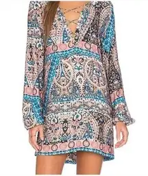 AUGUSTE BOHO LONG SLEEVE PAISLEY PRINT PINK BLUE SHIFT GYPSIE DRESS 2