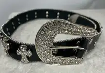 Y2K Crystal Embellished Black Belt western crosses studded motorcycle cowgirl
