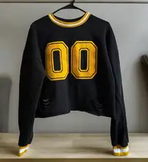 Forever 21 BLUE YELLOW Distressed Varsity‎ PULLover SWEATSHIRT Women’s S/M