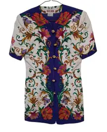 Maggy London Womens Size 4 100% Silk Floral Print Button Short Sleeve Blouse 80s