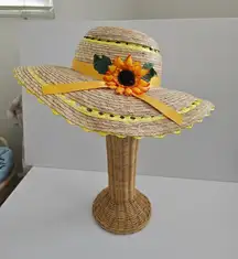 Vintage Sunflower Straw Hat Orange Bow Round Sun Wide Brim Straw Hat
