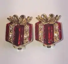 Vintage Gold Tone Red Enamel CZ Rhinestone Holiday Christmas Gift Earrings