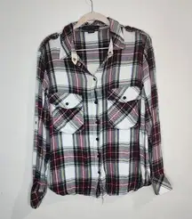 Sanctuary Plaid Snap Front Flap Pocket Women Medium Long Sleeve Fall Flannel