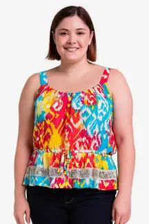 Hollywould Women's Sleeveless Peplum Blouse -Size Medium, Multicolor Ikat Print