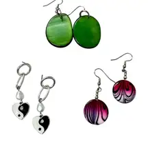 3 Pairs Dangle Earrings Boho Yin Yang Green Pink Pierced Womens Jewelry