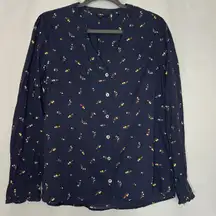 Next Women's Size 14 Navy Floral Lightweight Longsleeve Button‎ down