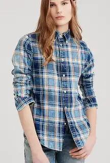 Ralph Lauren classic fit cotton plaid 835 indigo red washed rustic plaid shirt