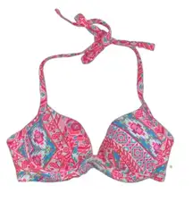 NWT  34B/C halter push-up bikini top bright ruched pink orange