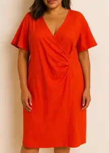 Lands' End Dress Womens 14 Orange V Neck Stretch Sheath Fitted Career Casual‎