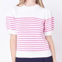 English Factory Striped Puff Sleeve Sweater Short Sleeve Womens M White Pink