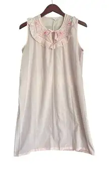 Vintage Nightgown Medium Nice N Easy Pink Sleeveless Floral Embroidery Gown Bow