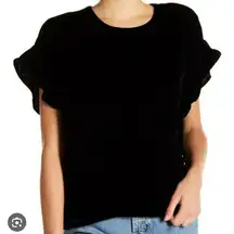 CURRENT ELLIOTT JANIE RUFFLE TRIMMED SLEEVE VELVET TOP BLACK