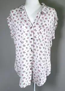 Jachs Girlfriend NY Floral Print Button Down Casual Blouse White‎ Red Sz Large
