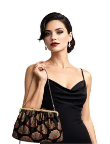 Brocade Evening Purse Gold Frame Chain Strap New Without Tags Black and Gold