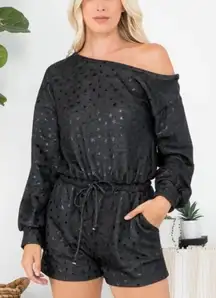 Le Lis Collection Romper Black Stars Large Pockets Off Shoulder New