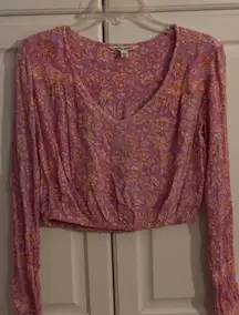 Billabong Womens Long Sleeve Crop Top Purple Floral Print V Neck Boho M
