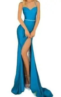 Clarisse Sweetheart Beaded Belt and Straps High Leg Slit Gown Ocean Blue Size 2