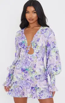 ‘Floral Tie Front Detail Frill Hem Shift Dress’