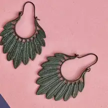 Rustic green Patina Leaf Motif Filigree Hoop Earrings