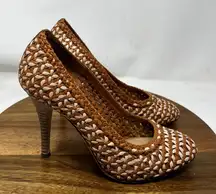 J. Crew Pumps Mona Dreamweaver Brown White Woven Leather Stiletto Heel Size‎ 8