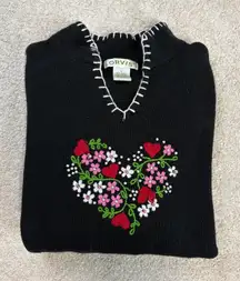 Orvis Beaded And Embroidered Floral Heart Knit Sweater Size L