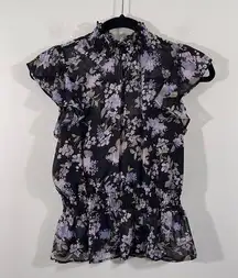 Great Jones Rent The Runway Black Floral Crinkle Chiffon Blouse Size XS