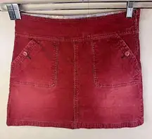 prAna Women's Red Corduroy Boho Mini Skirt Size 8 Casual with Pockets Grunge