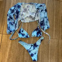 Blue Tie-Dye Bikini Set with Cover-Up