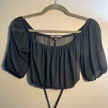 Almost Famous Black Crop Blouse with Puff Sleeves and Tie Front SZ S Wide Neck