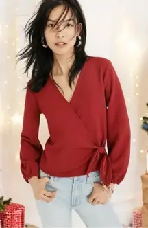Madewell Texture & Thread Crepe Wrap Top in Cherry Red Holiday Party Flirty M