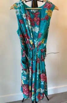 Evan Picone Womens Teal Floral Knee Length Scoop Neck Belt Dress Size 16