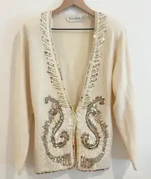 vintage cardigan women Lg Cream Lambswool Angora Rabbit Hair Sequin Holiday NYE